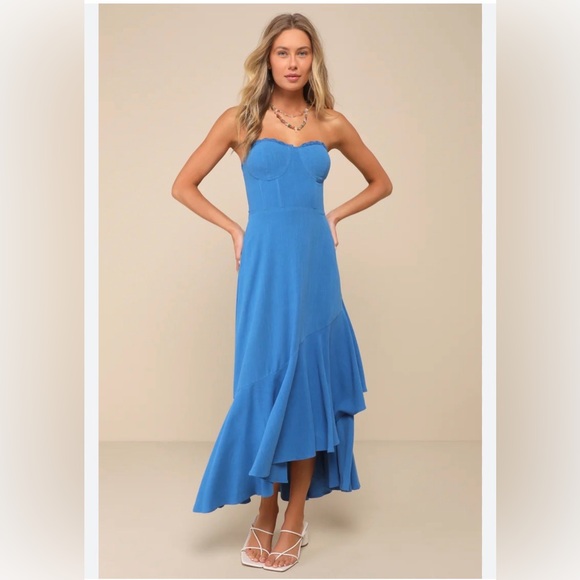 Lulus Dresses & Skirts - LULU’S Gorgeous Event Bright Blue Linen Strapless Ruffled Midi Dress SZ MED